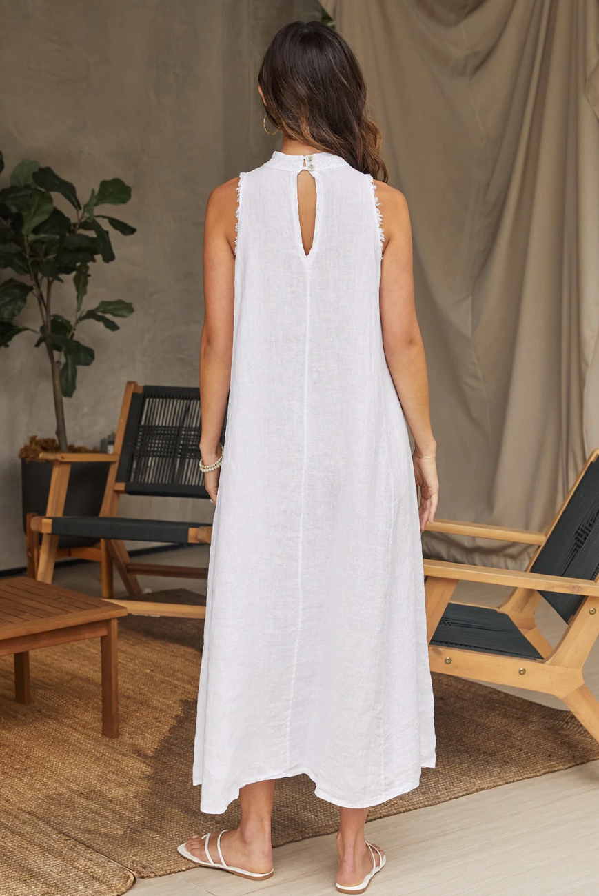 Linen Sequin Mock Neck Maxi Dress- White