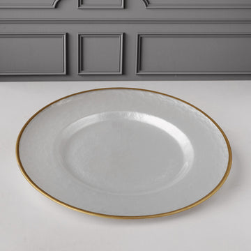 White Opalescent Charger Glass Plate with Gold Rim
