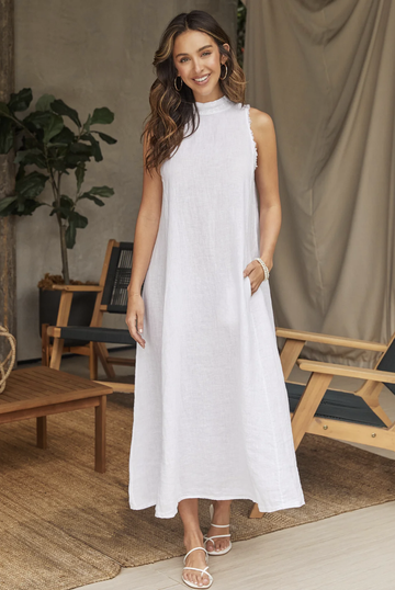 Linen Sequin Mock Neck Maxi Dress- White